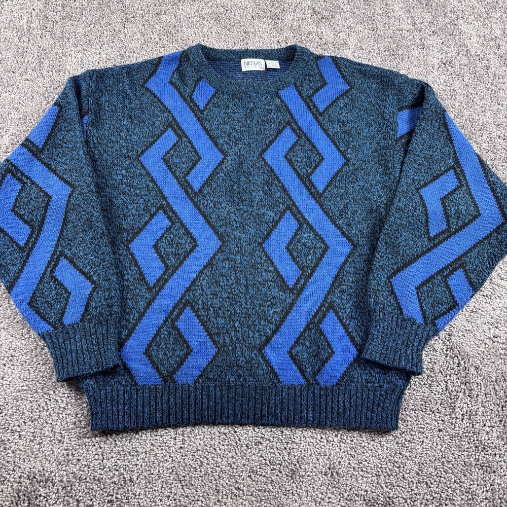 Vintage Nicolas Allen Geometric Retro Sweater Size Large Blue Knit 90s